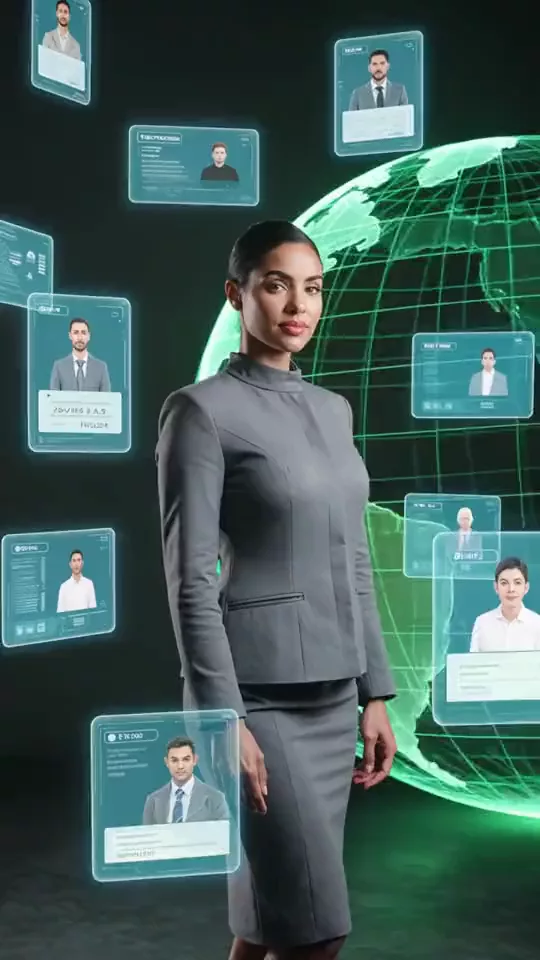 Recruiter reviewing holographic candidate profiles and a global talent map